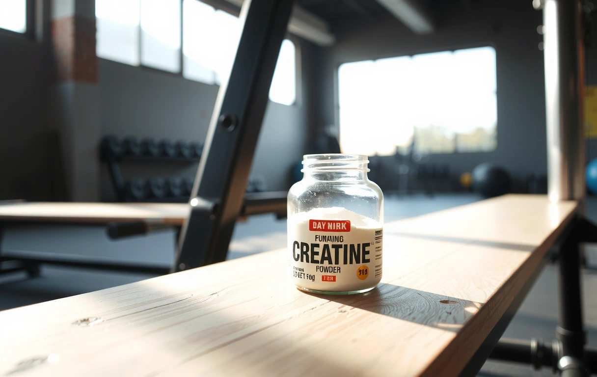 Un borcan de creatină pe o bancă de antrenament