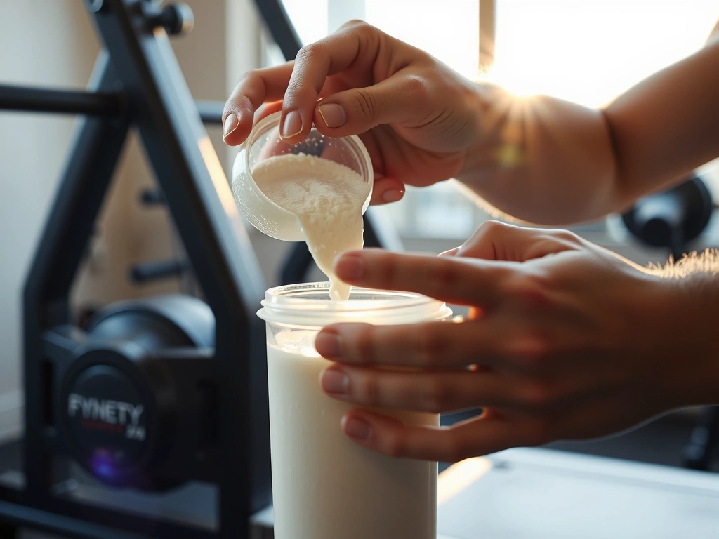 Mâini care măsoară cu atenție pulbere de proteine