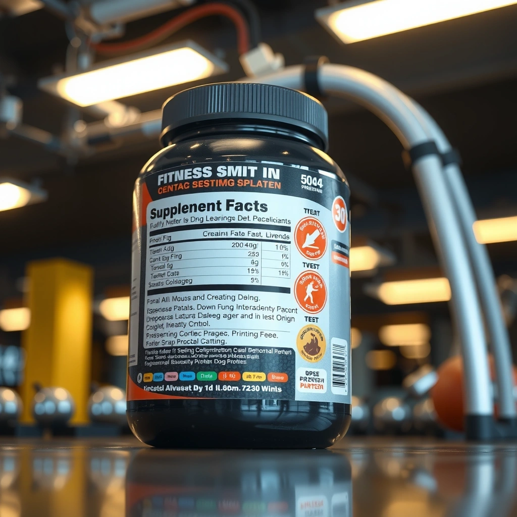 Etichetă detaliată a unui supliment, într-un context de sală de sport.